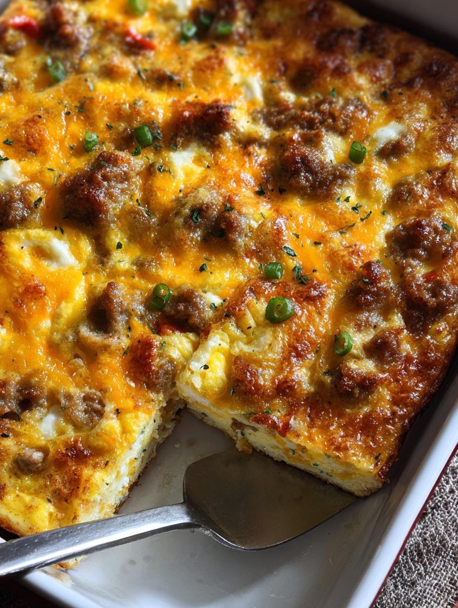 Close-up of a slice of Yeehaw Breakfast Casserole Big showing layers of egg, sausage, cheese, and peppers